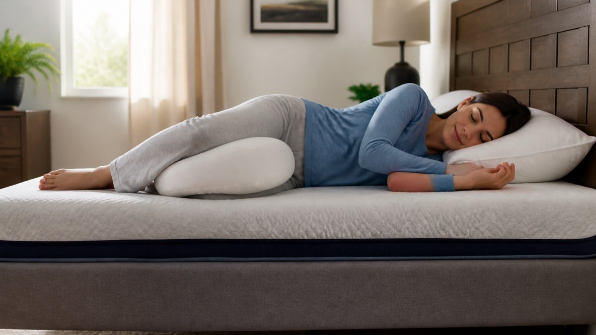 Diagram illustrating ideal spinal alignment on a mattress for side sleepers with knee support.